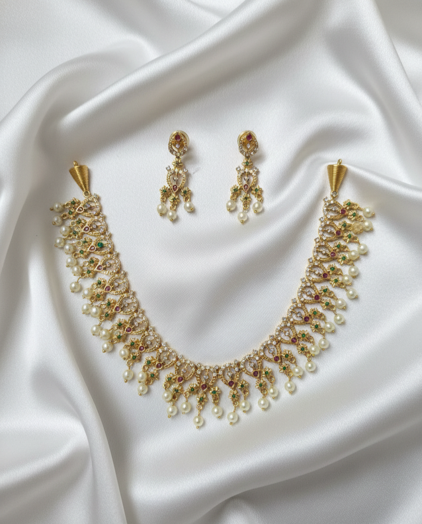 Traditional Gold Plated Jewellery set With Drops Necklace & Earrings For Woman